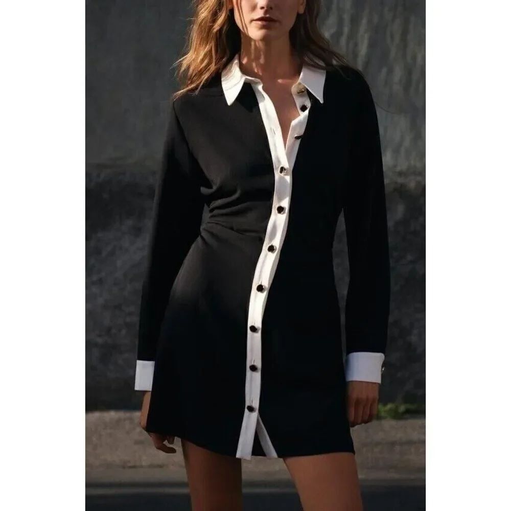 Zara Women Shirt Dress S Black white Crepe Mini Ruched Long Sleeve 3897/165 NWT